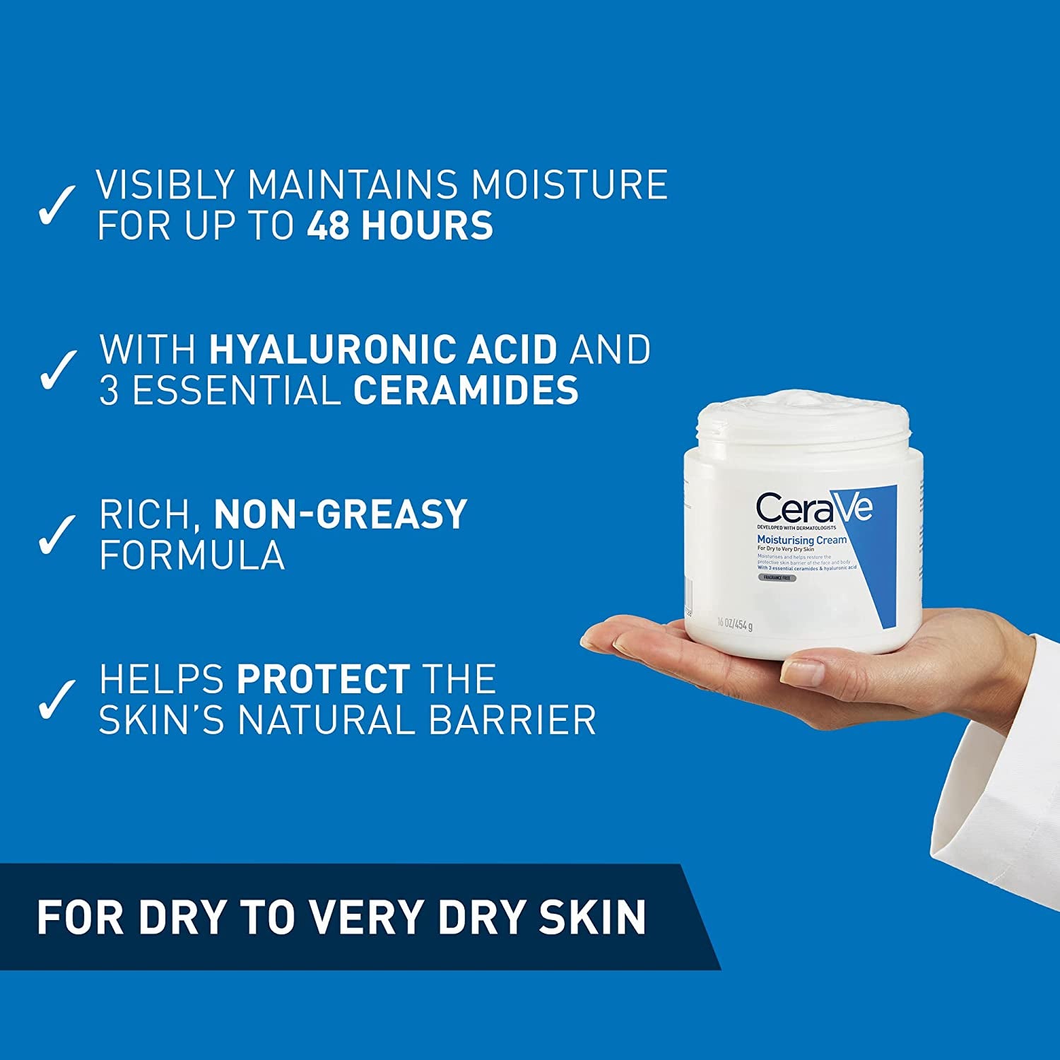 Moisturising Cream, Face & Body, with 3 Essential Ceramides & Hyaluronic Acid, for Dry to Very Dry Skin, 454 G/16 Oz